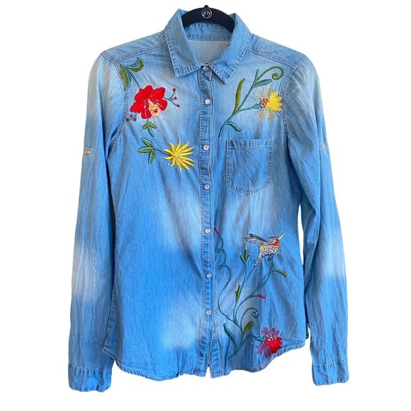 Sinclair Wear Western Denim Flower Shirt Embroidered Cotton Button Down - Picture 2 of 16